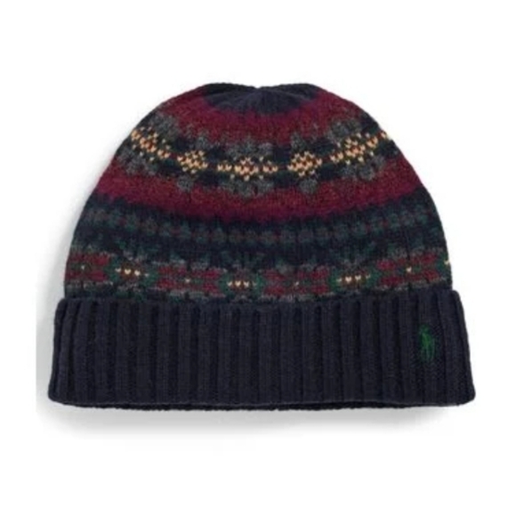 NWT Men's Polo by Ralph Lauren Fair Isle Navy and Burgundy Knit Cuffed Beanie